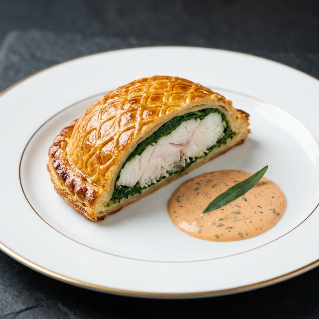 スズキのパイ包み焼き ソースショロンの盛り付け写真