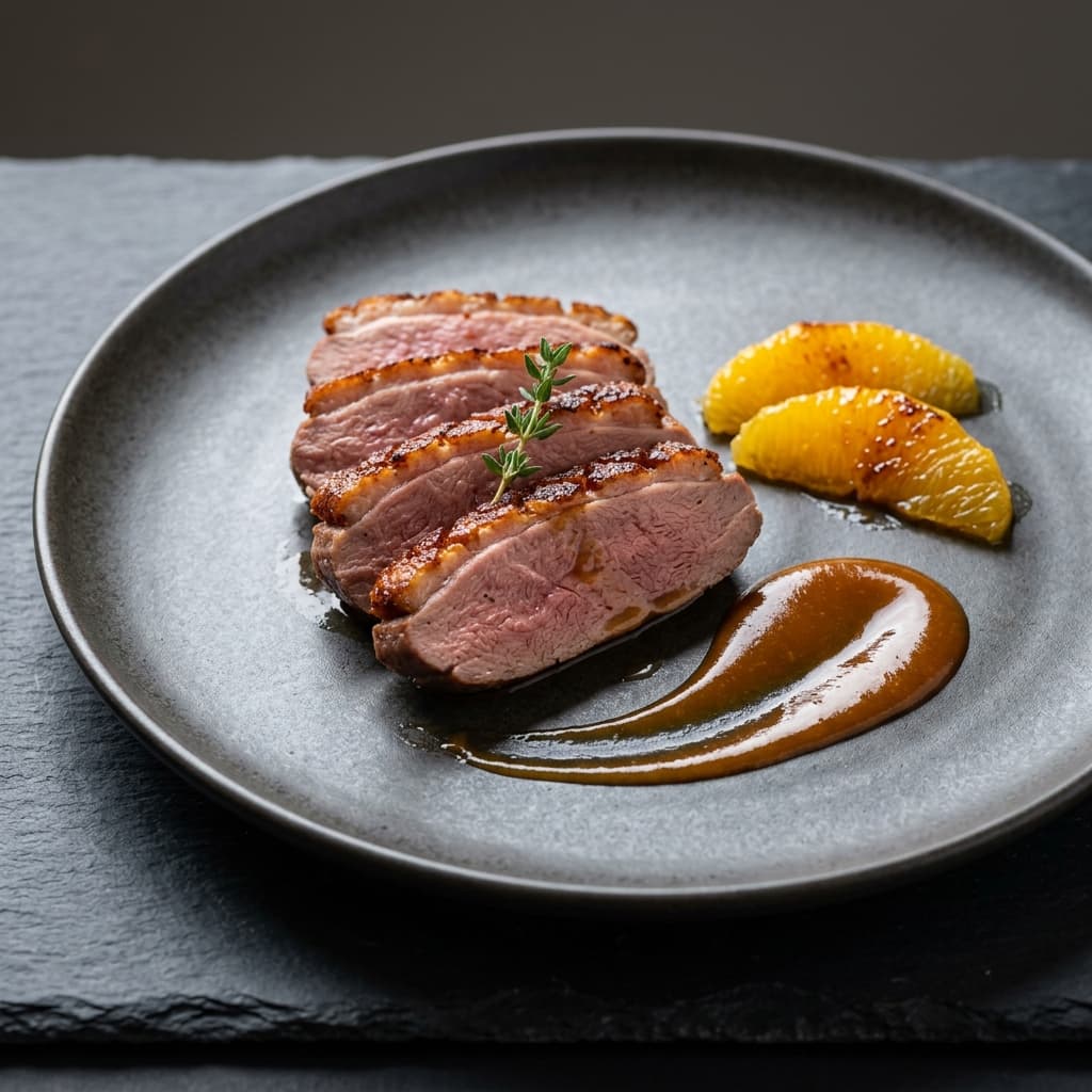 鴨胸肉のロースト オレンジソースの盛り付け写真